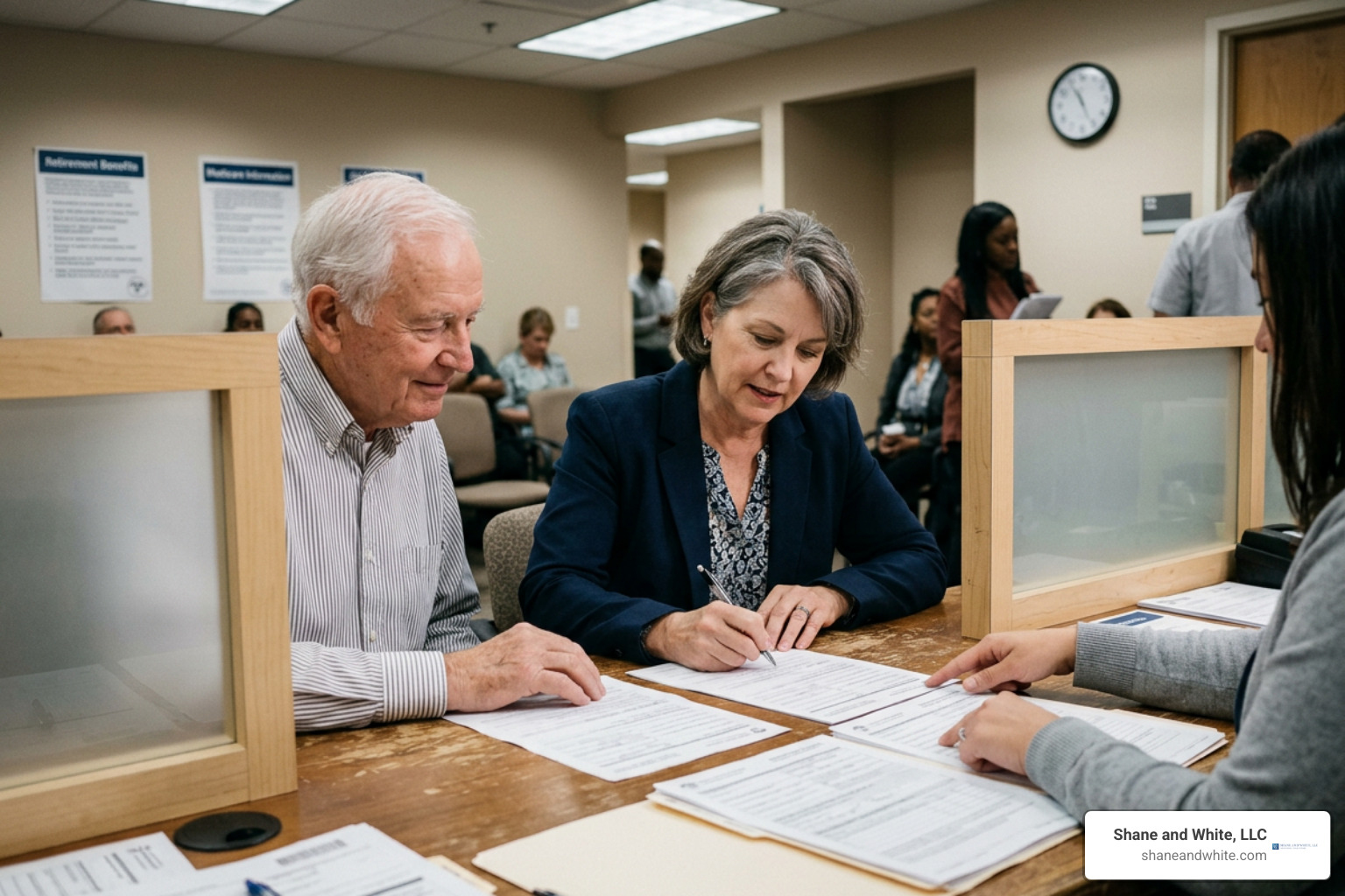 Applicant filing spousal retirement documents at a Social Security office Applicant filing spousal retirement documents at a Social Security office