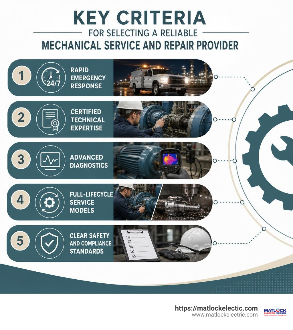 Key criteria for selecting a reliable mechanical service and repair provider infographic