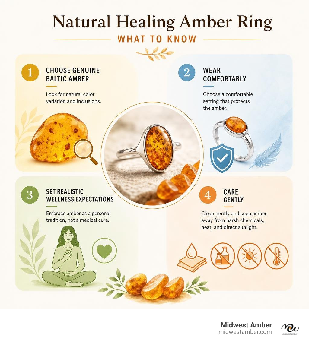 Infographic: choose genuine Baltic amber, wear comfortably, set realistic wellness expectations, care gently infographic