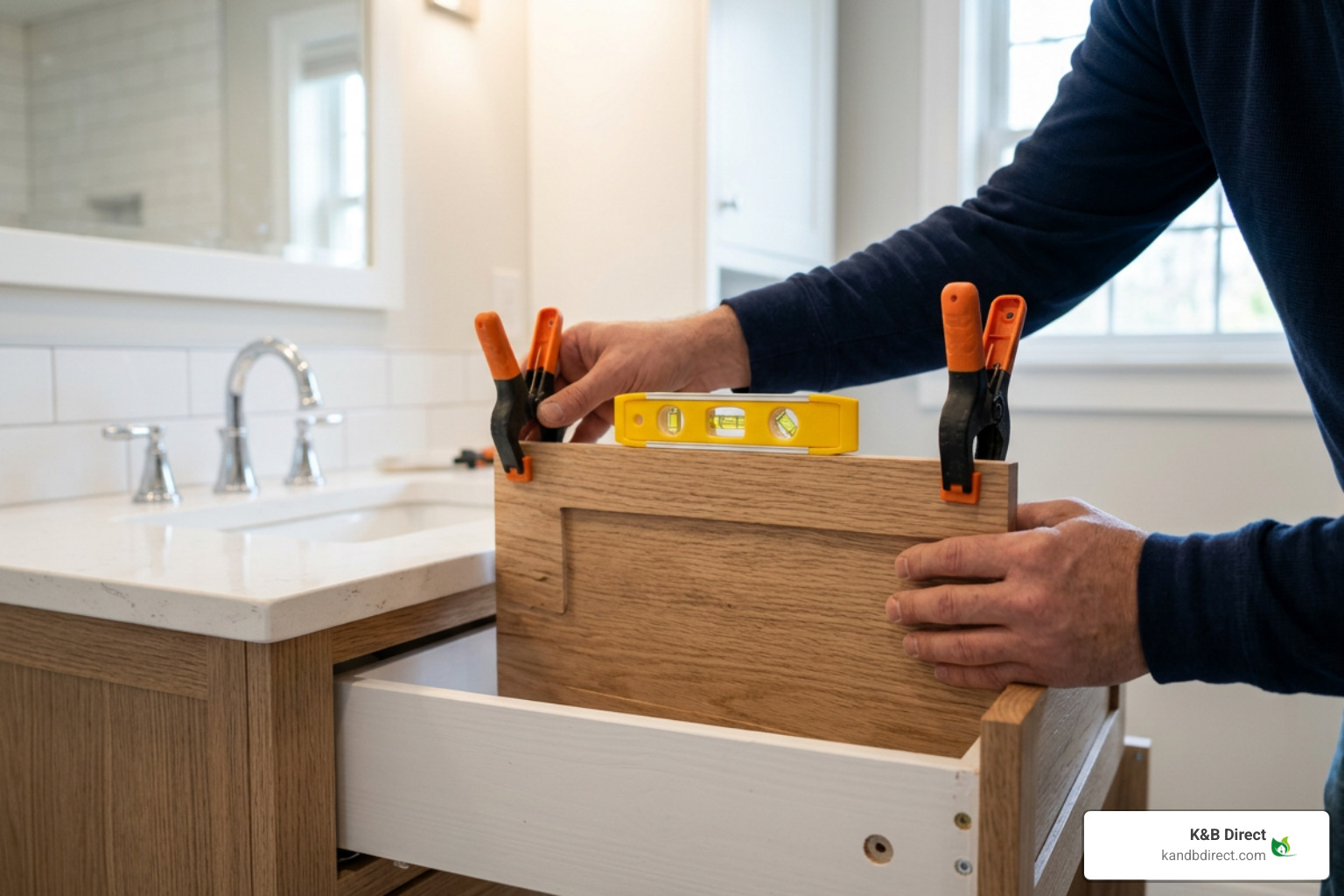 Clamping and aligning a replacement drawer front to the drawer box Clamping and aligning a replacement drawer front to the drawer box