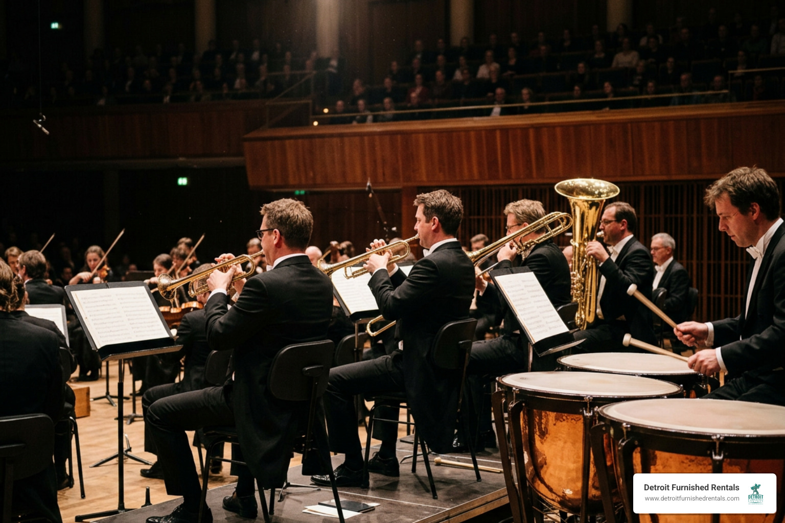 Orchestral brass section and percussionists performing a dramatic symphonic storm