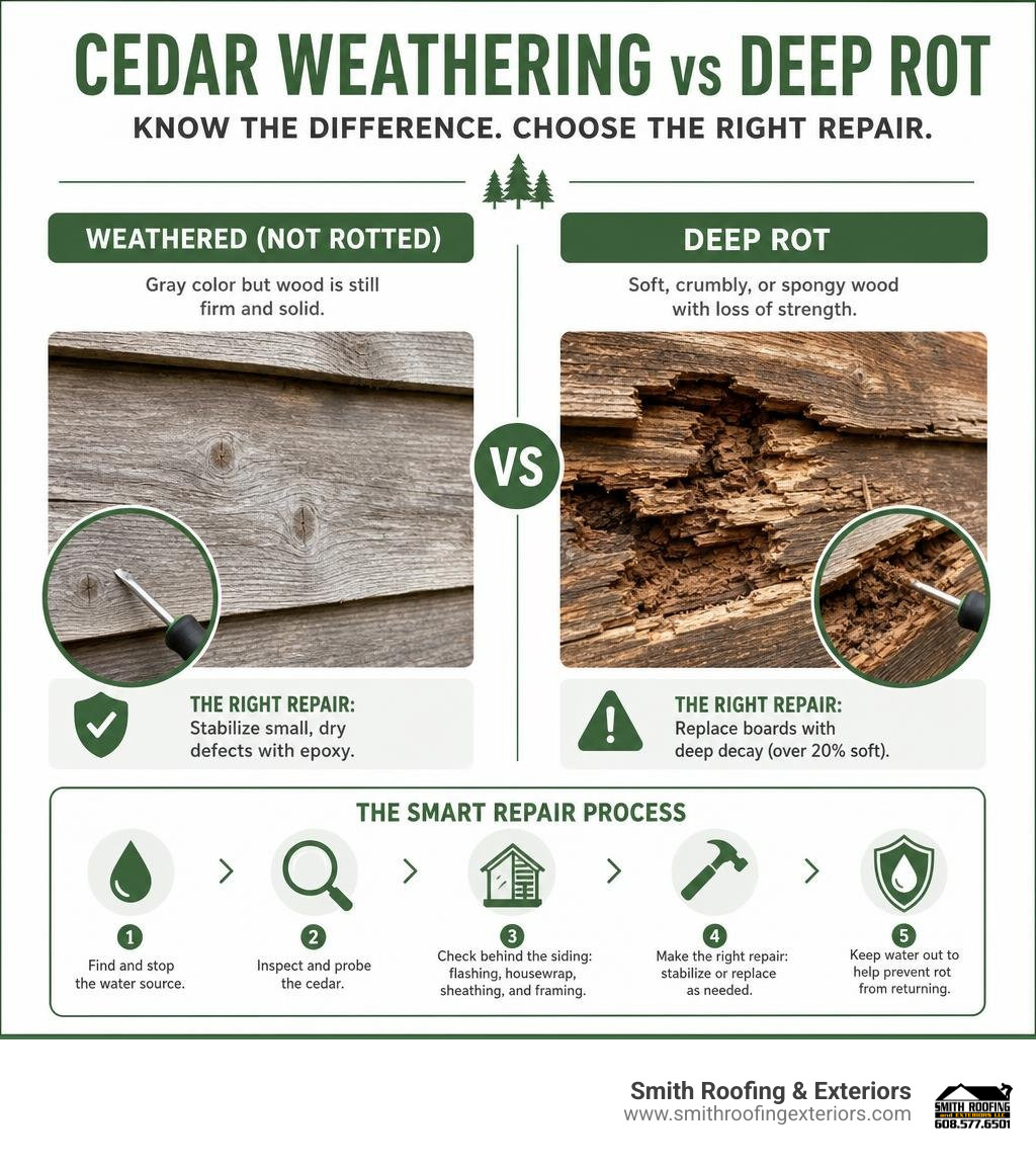 Infographic showing cedar weathering versus deep rot and the right repair choice infographic Infographic showing cedar weathering versus deep rot and the right repair choice infographic