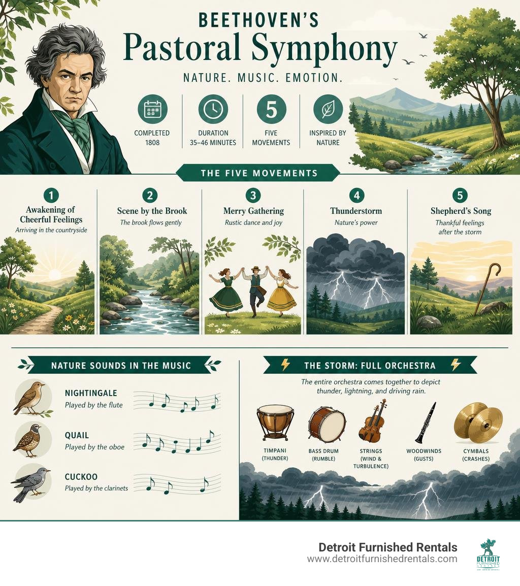 Beethoven Pastoral Symphony key facts, five movements, nature sounds, and storm instruments infographic