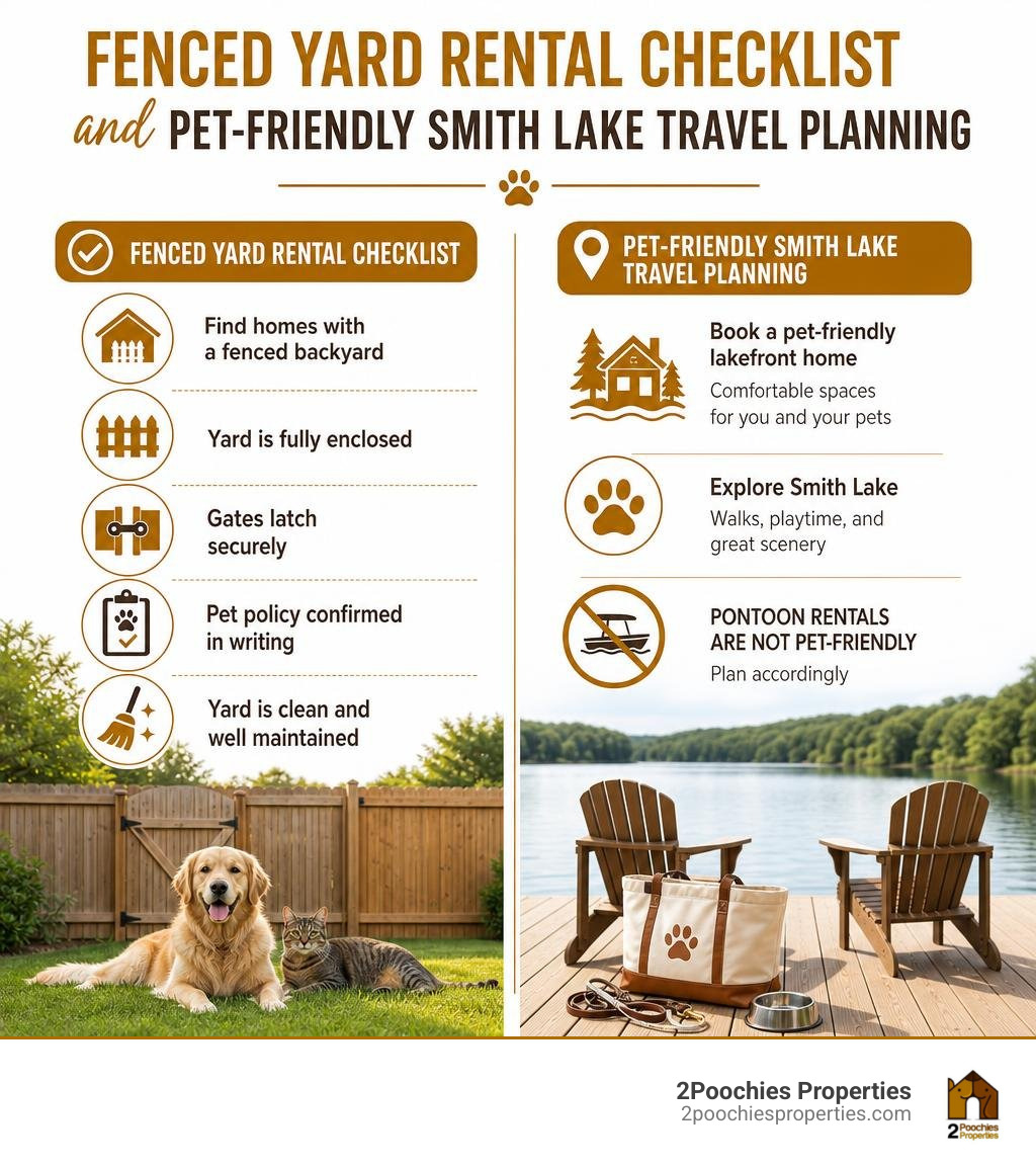 Fenced yard rental checklist and pet-friendly Smith Lake travel planning infographic