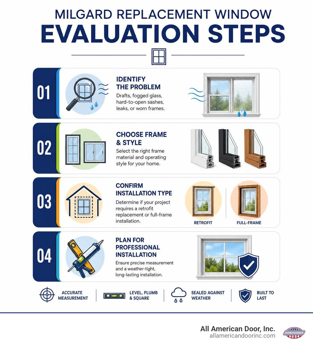 Milgard replacement window evaluation steps infographic Milgard replacement window evaluation steps infographic