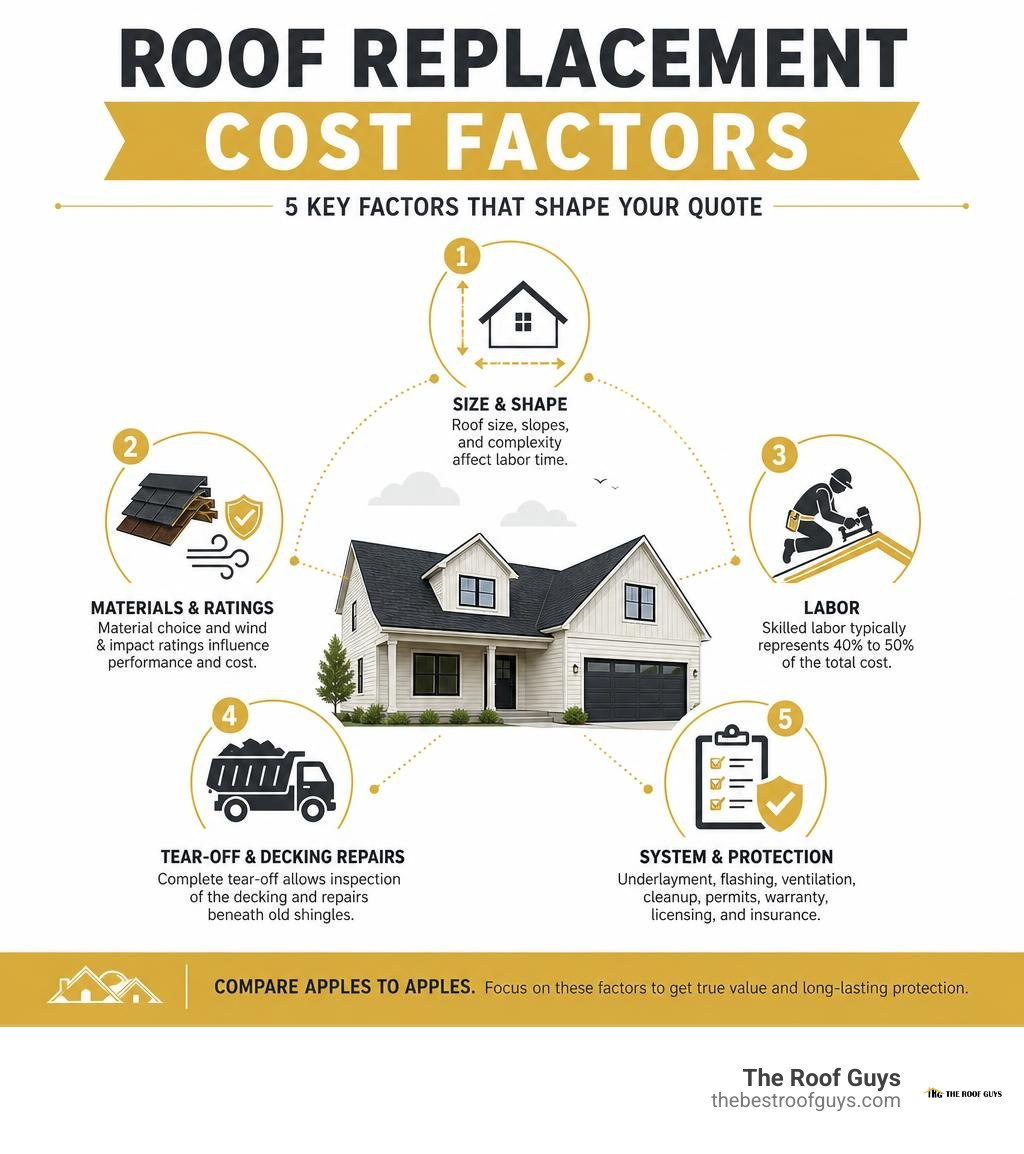 Roof replacement cost factors: size, materials, labor, tear-off, and ratings infographic Roof replacement cost factors: size, materials, labor, tear-off, and ratings infographic