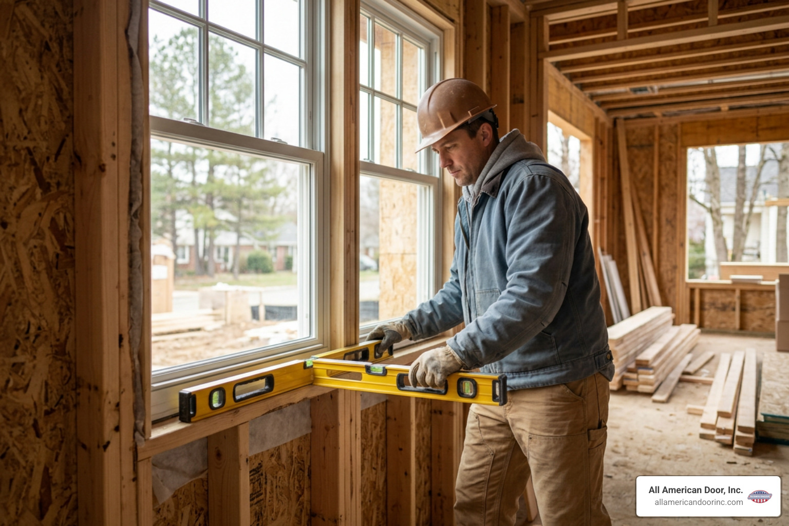 Technician using level to check window frame in rough opening Technician using level to check window frame in rough opening