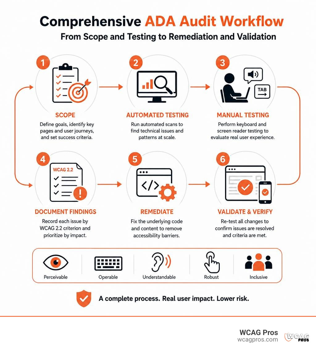 Comprehensive ADA audit workflow from scope and testing to remediation and validation infographic Comprehensive ADA audit workflow from scope and testing to remediation and validation infographic
