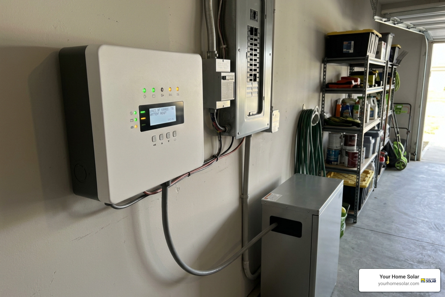 Modern home backup battery interface mounted in a garage powering household circuits Modern home backup battery interface mounted in a garage powering household circuits