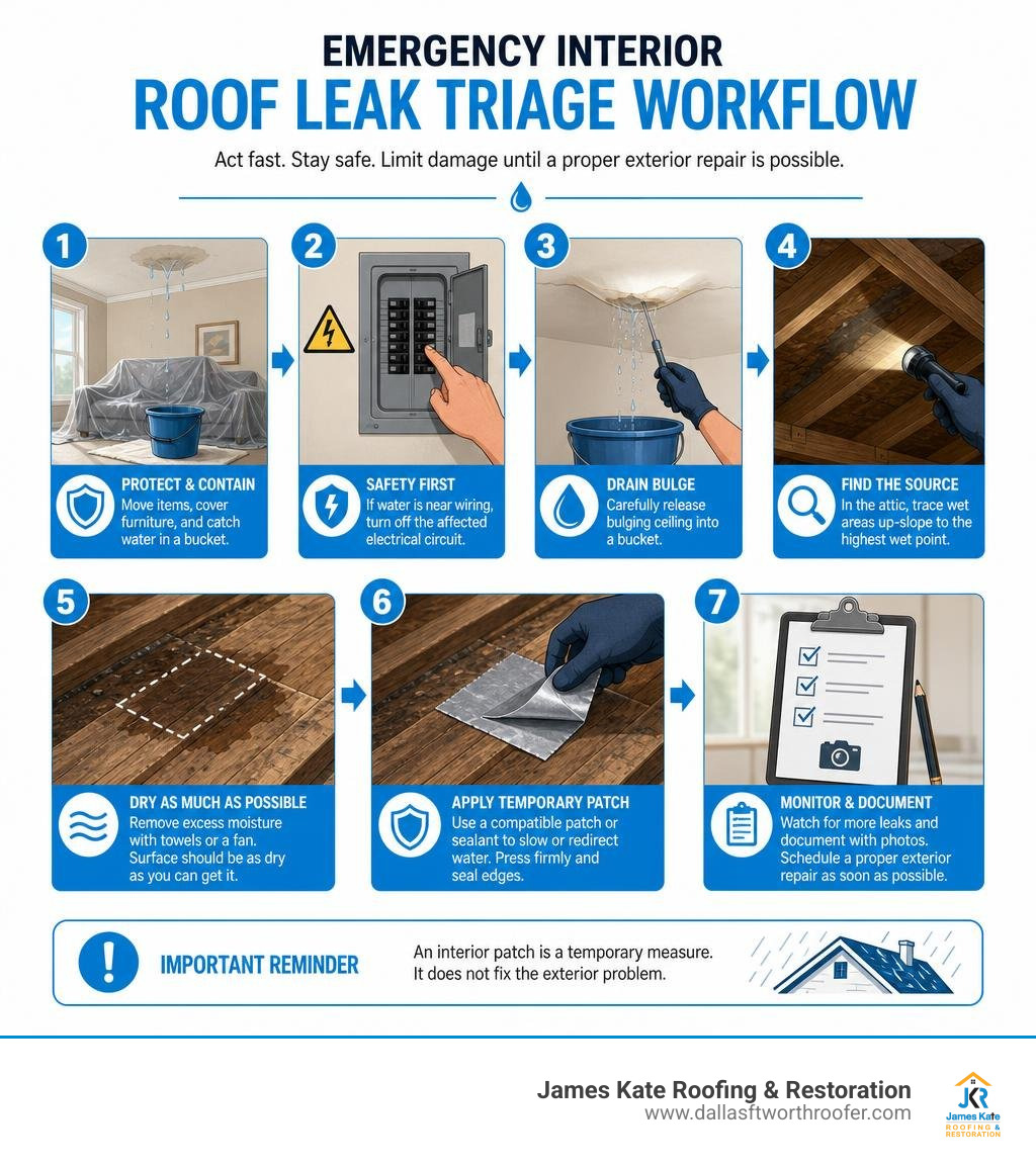 Emergency interior roof leak triage workflow infographic