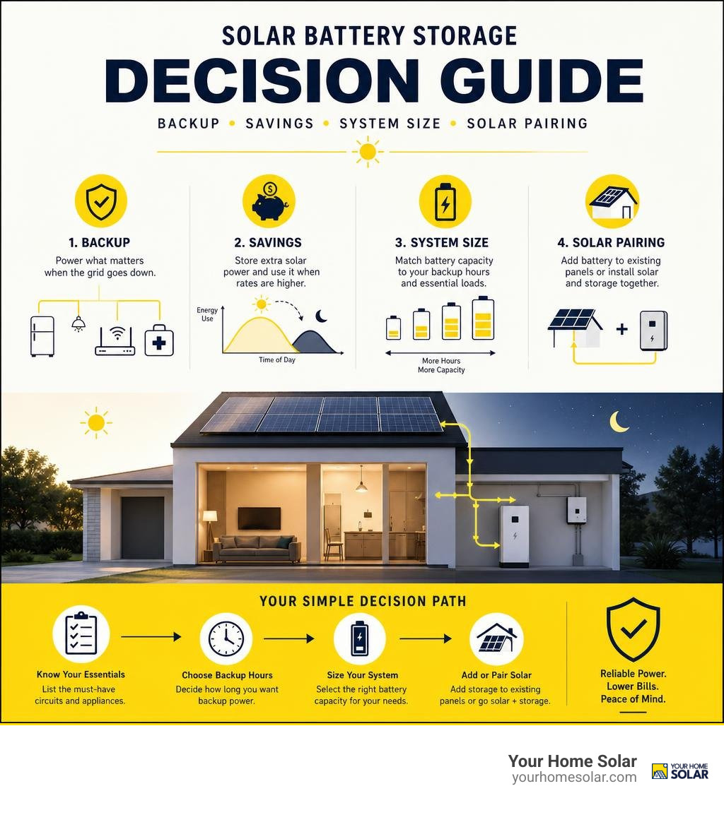 Solar battery storage decision guide for backup, savings, system size, and solar pairing infographic Solar battery storage decision guide for backup, savings, system size, and solar pairing infographic