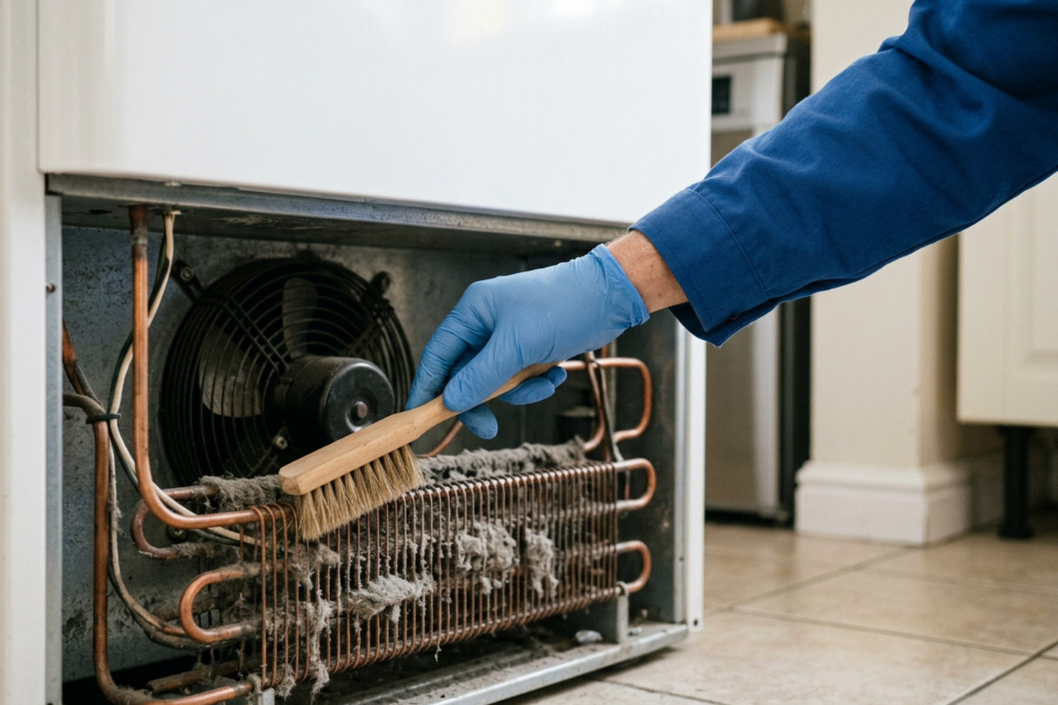 clean refrigerator condenser coils and fan motor