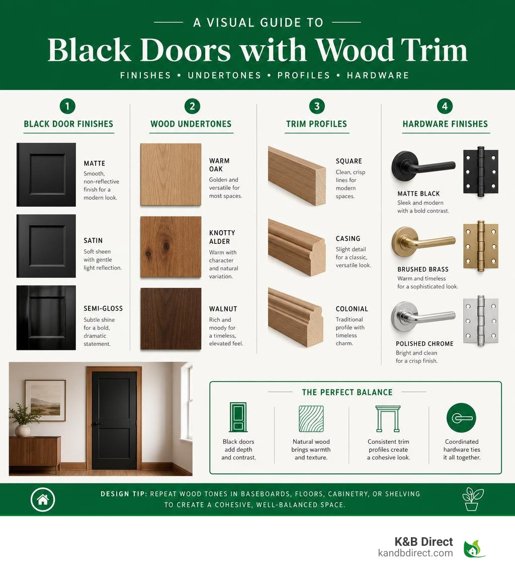 Infographic comparing black door finishes, wood undertones, trim profiles, and hardware infographic
