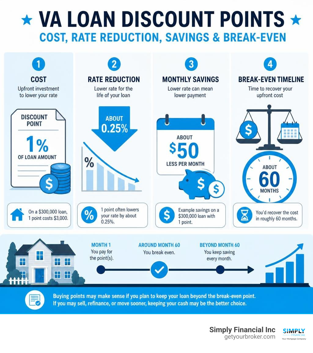 VA discount points cost, rate reduction, monthly savings, and break-even timeline infographic