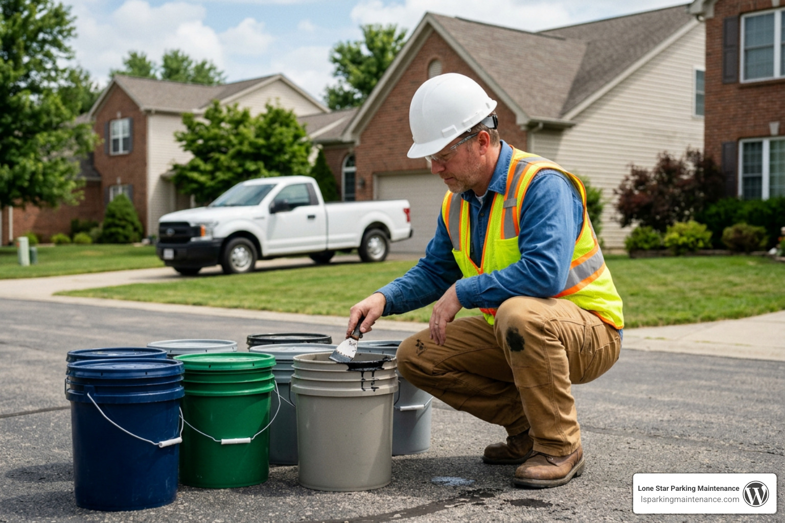 Contractor inspecting different pail formulations for blacktop maintenance