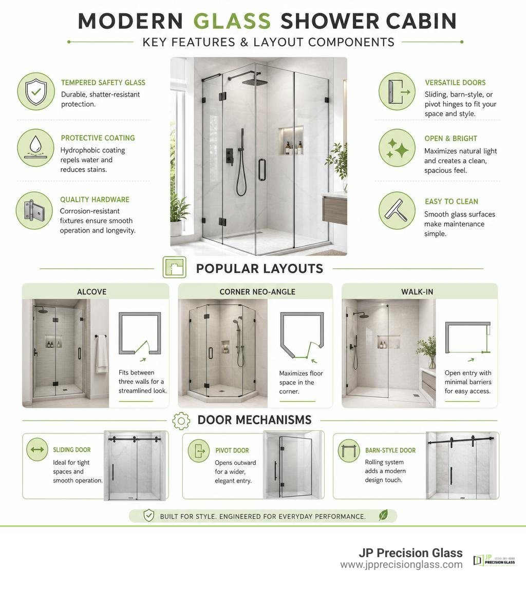Key features and layout components of a modern glass shower cabin infographic Key features and layout components of a modern glass shower cabin infographic