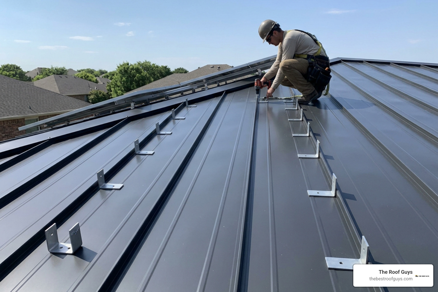 Standing seam metal roof integrated with solar panel brackets Standing seam metal roof integrated with solar panel brackets