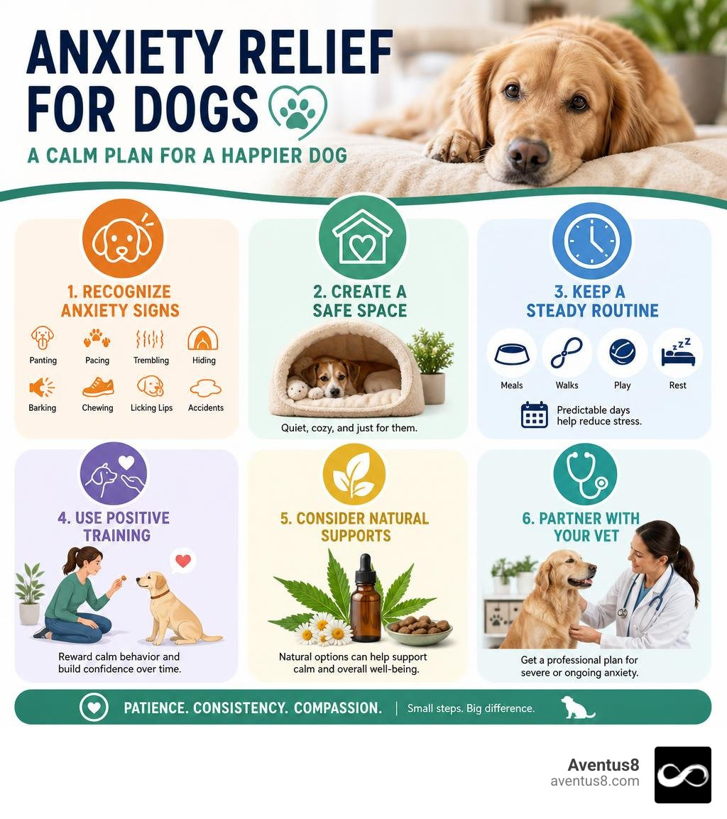 Infographic showing dog anxiety signs, safe space, routine, training, supplements, and vet care infographic Infographic showing dog anxiety signs, safe space, routine, training, supplements, and vet care infographic