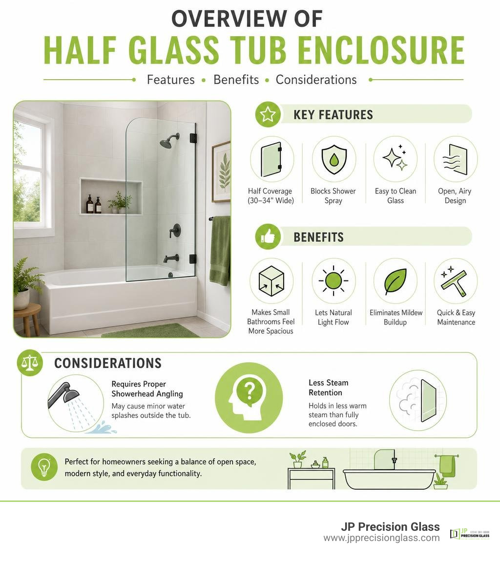 overview of half glass tub enclosure features benefits and considerations infographic overview of half glass tub enclosure features benefits and considerations infographic