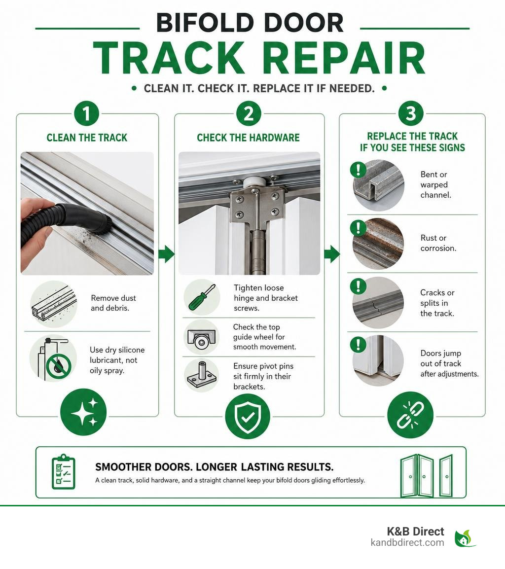 infographic showing bifold track cleaning, hardware checks, and track replacement signs infographic