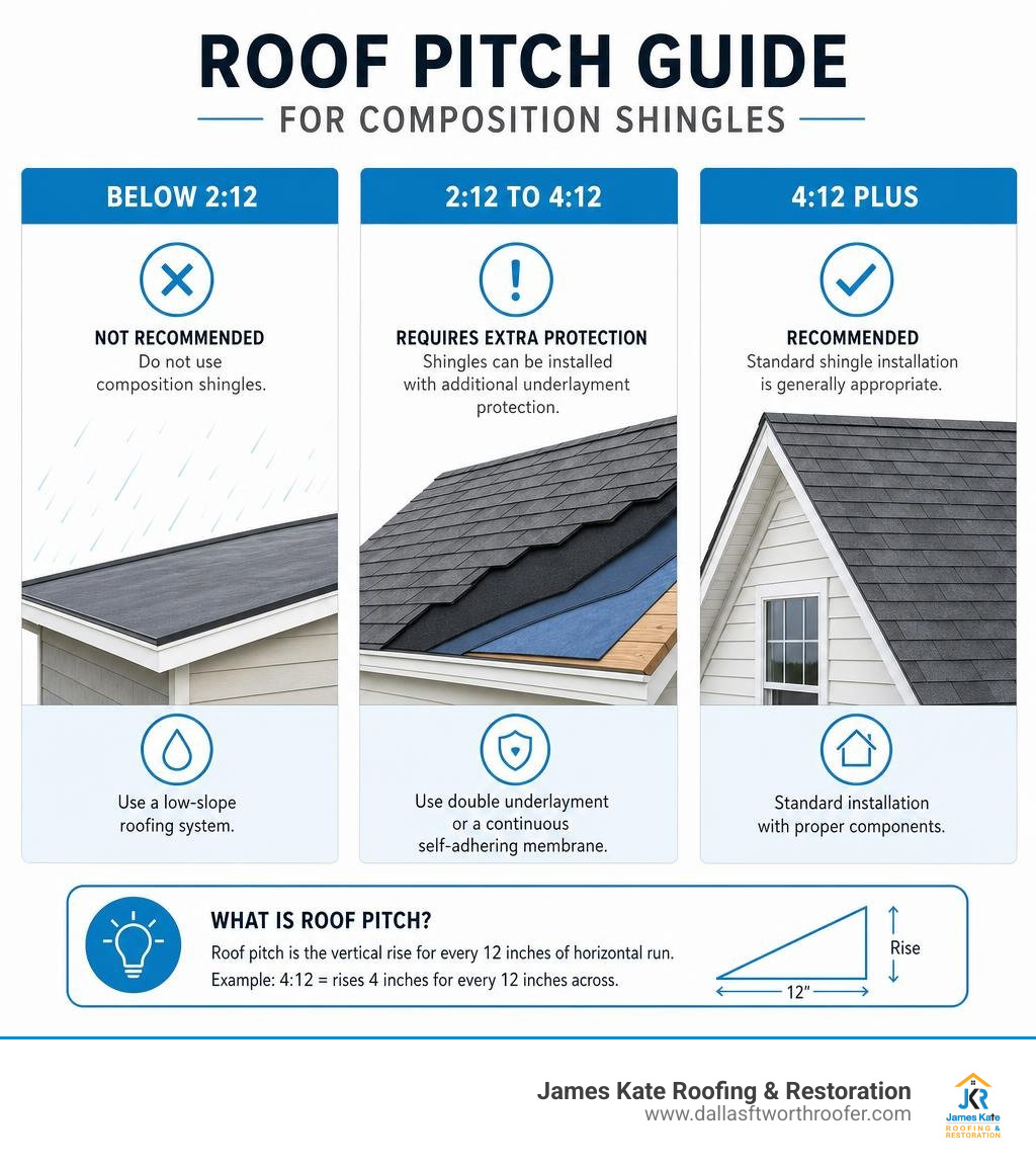 Roof pitch guide showing below 2:12, 2:12 to 4:12, and 4:12 plus infographic Roof pitch guide showing below 2:12, 2:12 to 4:12, and 4:12 plus infographic