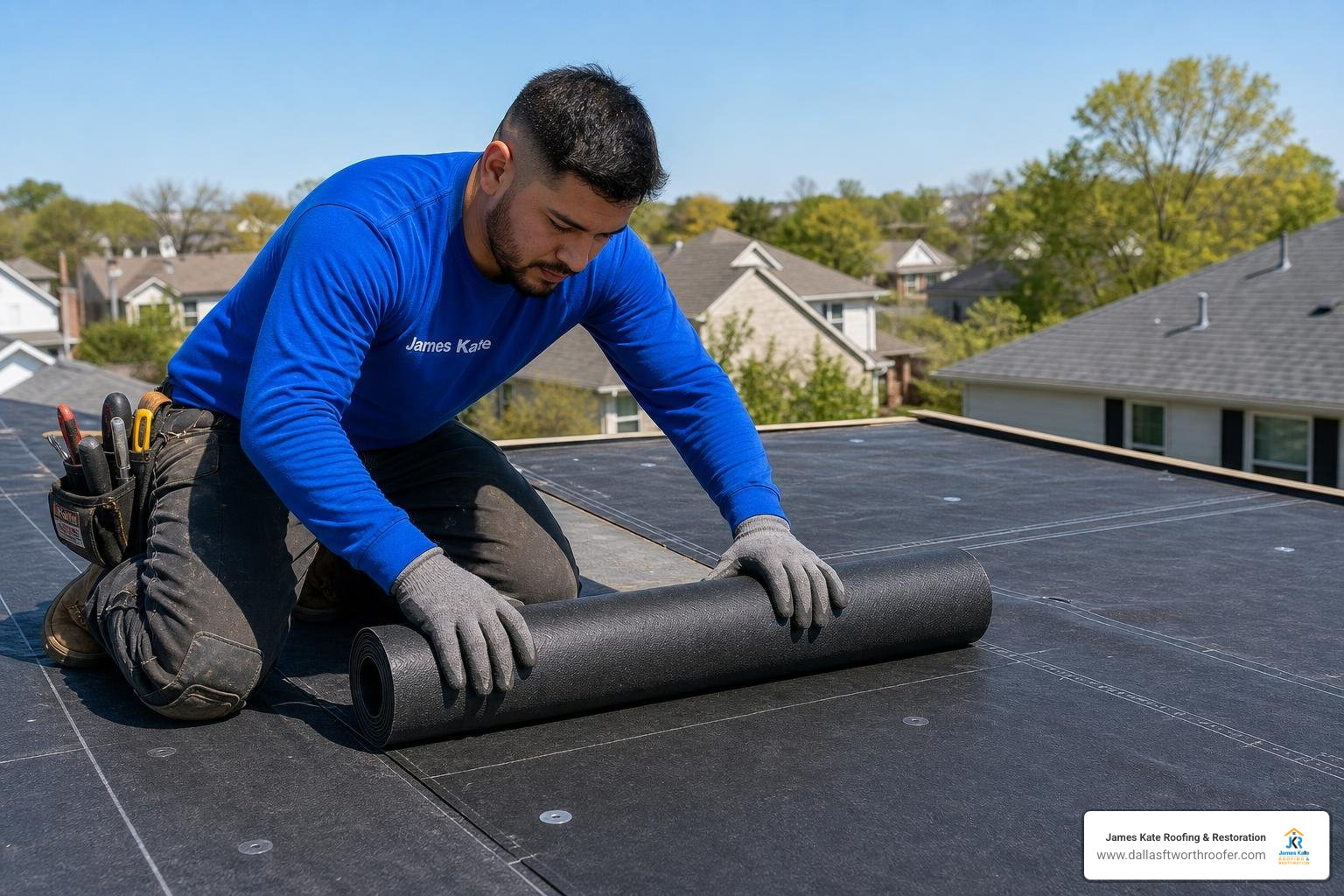 Roofer in blue shirt laying double-layer underlayment on low pitch roof deck Roofer in blue shirt laying double-layer underlayment on low pitch roof deck