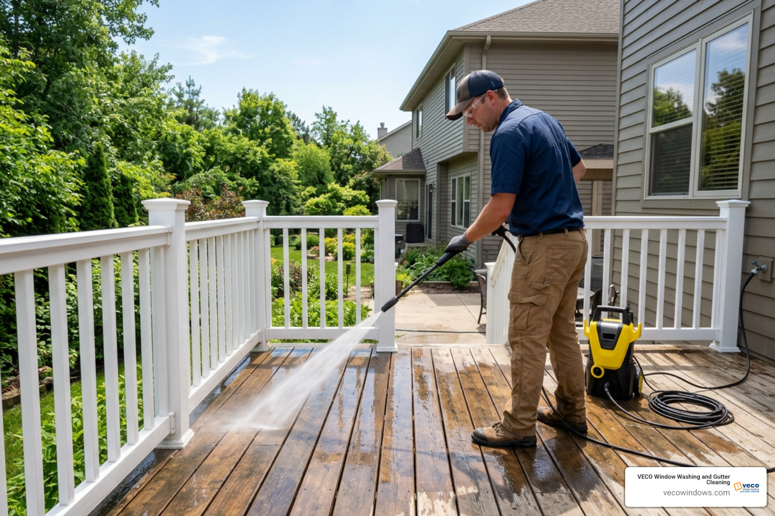 technician washing deck boards with steady sweeping strokes technician washing deck boards with steady sweeping strokes