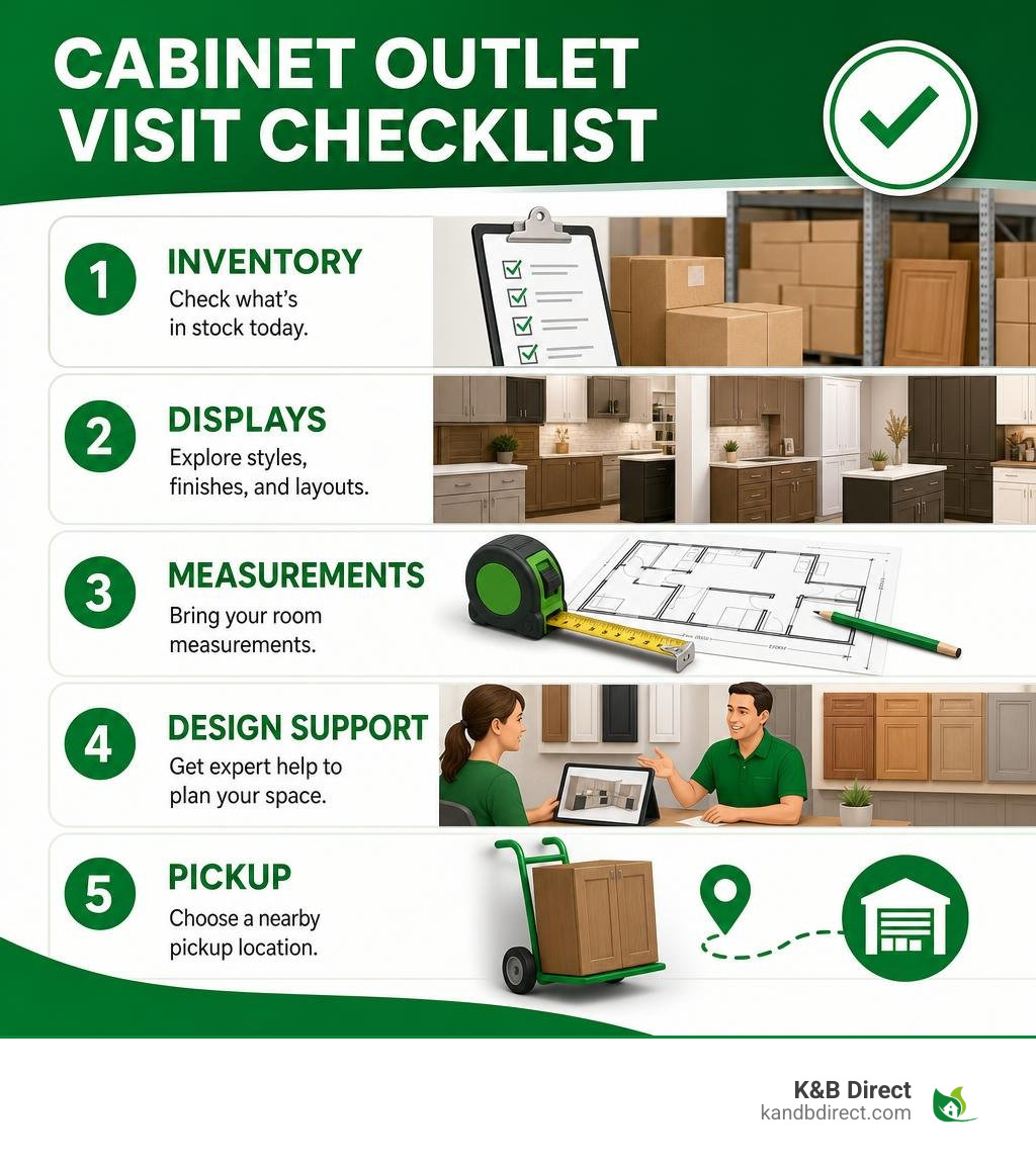 Cabinet outlet visit checklist: inventory, displays, measurements, design support, pickup infographic Cabinet outlet visit checklist: inventory, displays, measurements, design support, pickup infographic