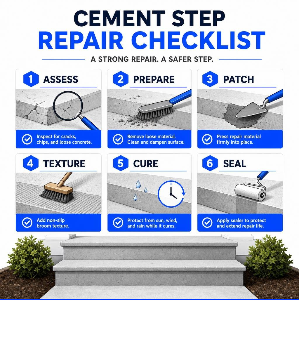Cement step repair checklist: assess, prepare, patch, texture, cure, and seal infographic Cement step repair checklist: assess, prepare, patch, texture, cure, and seal infographic