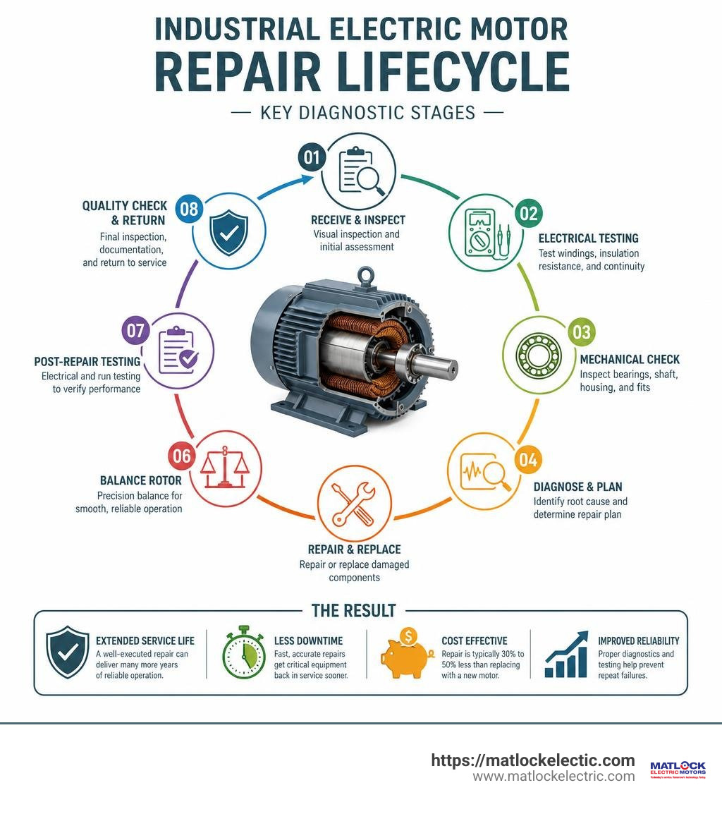 Industrial electric motor repair lifecycle and key diagnostic stages infographic