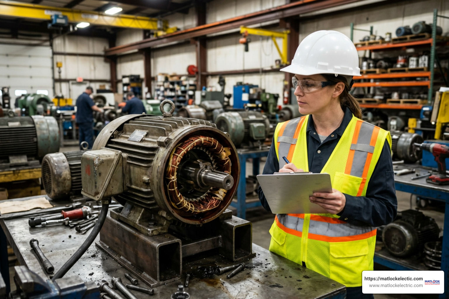 Industrial engineer evaluating motor repair and replacement options