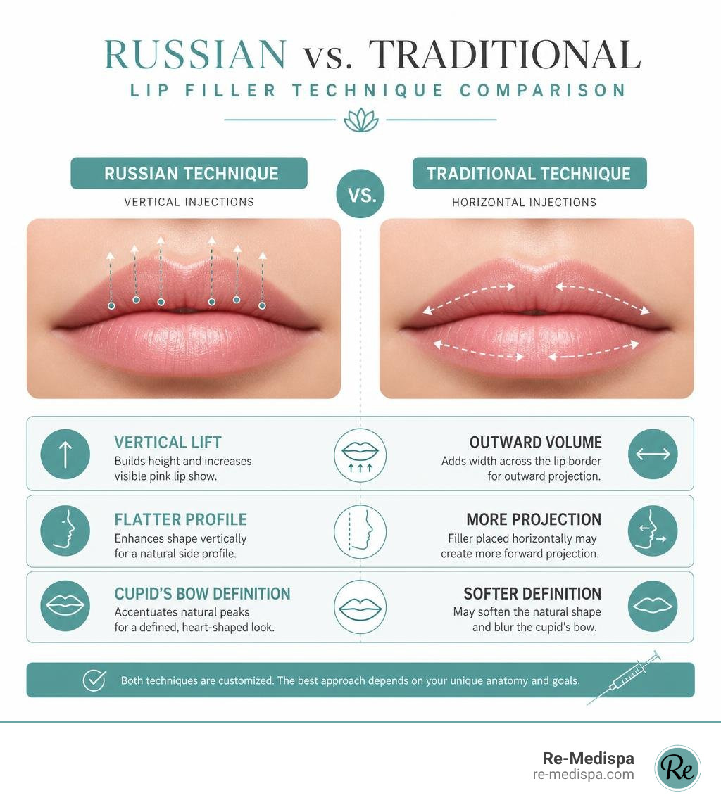 Comparison of vertical Russian lip filler technique versus traditional horizontal injections infographic