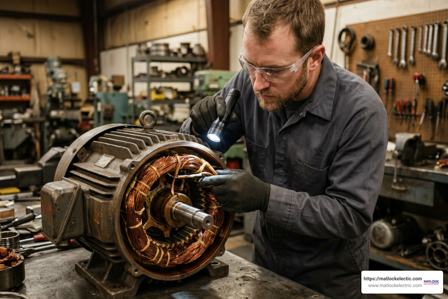 Service technician inspecting internal stator coils