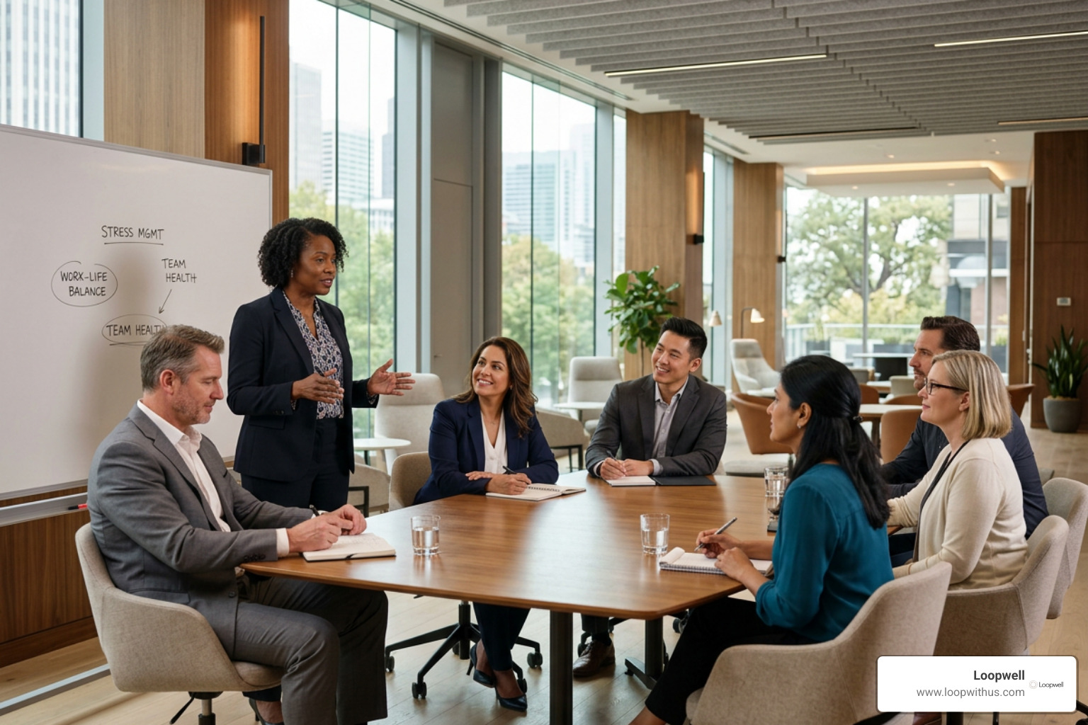 Executive leadership well-being workshop in a modern luxury corporate space