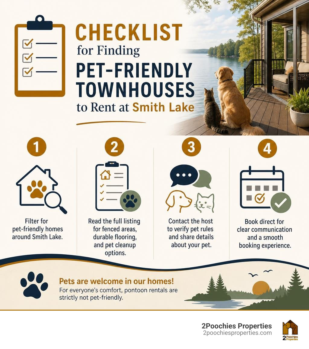 Checklist for finding pet friendly townhouses to rent at Smith Lake infographic