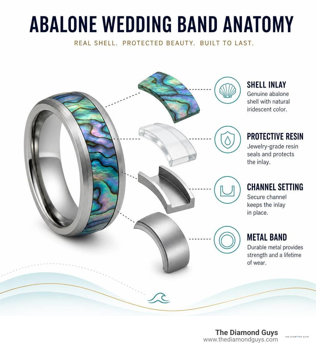Abalone wedding band anatomy: shell inlay, protective resin, channel setting, and metal band infographic Abalone wedding band anatomy: shell inlay, protective resin, channel setting, and metal band infographic