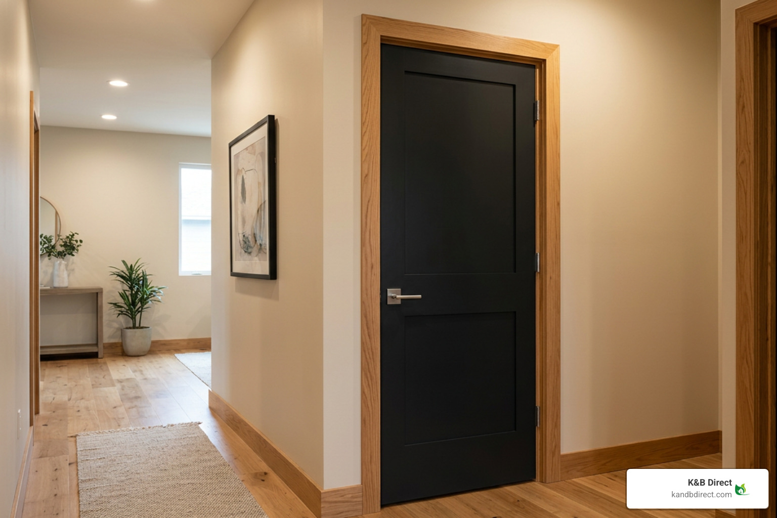 solid core black shaker door with sleek hardware and oak surround