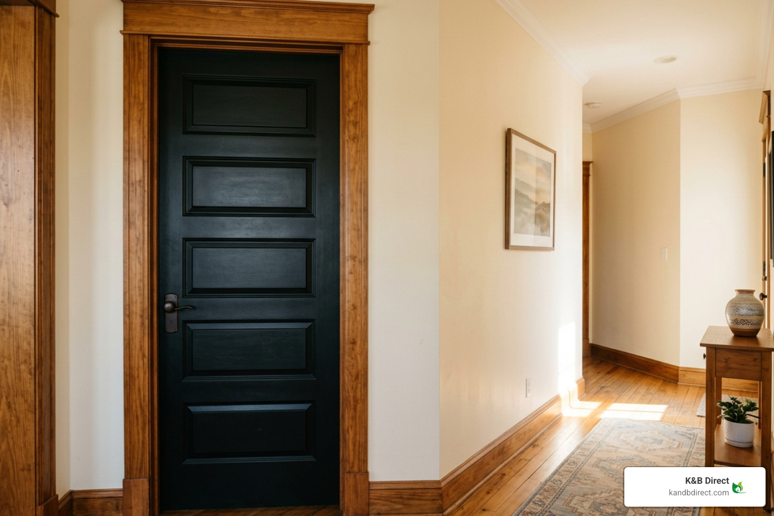 black 5-panel door with natural stained casing in a sunlit hallway