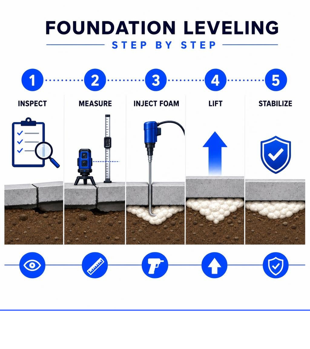 Foundation leveling steps: inspect, measure, inject foam, lift, stabilize infographic Foundation leveling steps: inspect, measure, inject foam, lift, stabilize infographic