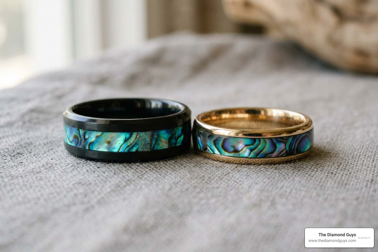 Black tungsten and warm gold tone abalone wedding bands Black tungsten and warm gold tone abalone wedding bands