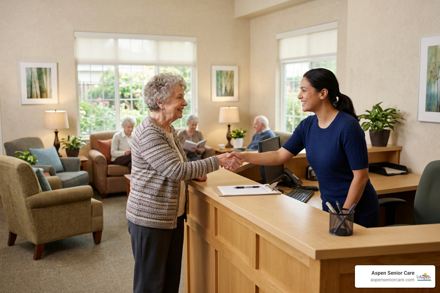 Warm and accessible entrance reception area of a community senior center