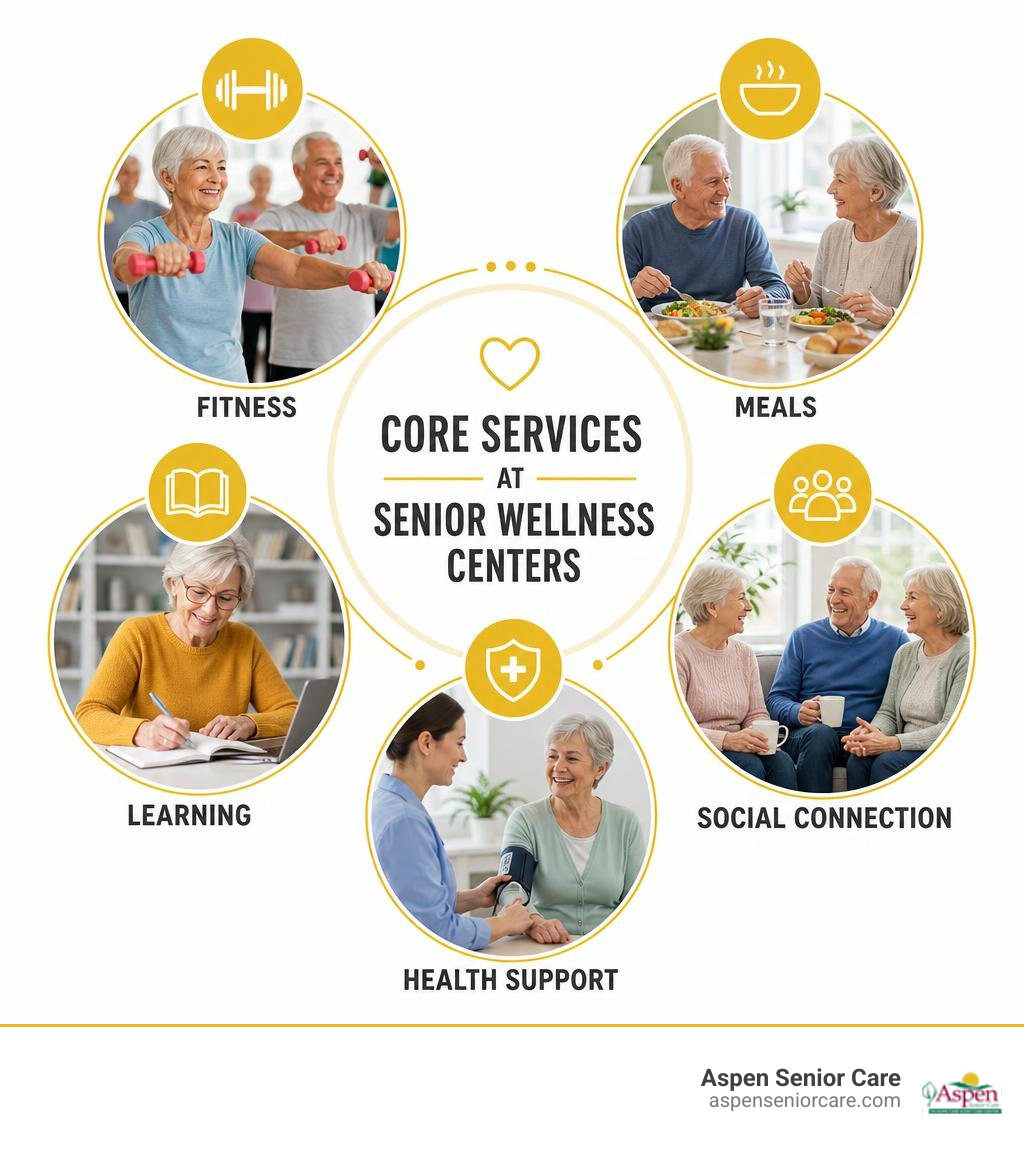 Core services at senior wellness centers: fitness, meals, learning, social connection, health support infographic