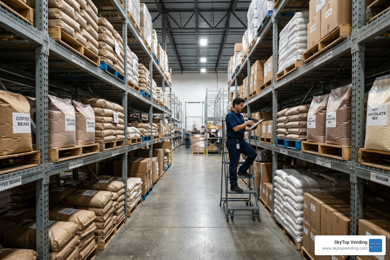 Bulk commercial coffee vending ingredients and soluble powders on warehouse shelves Bulk commercial coffee vending ingredients and soluble powders on warehouse shelves