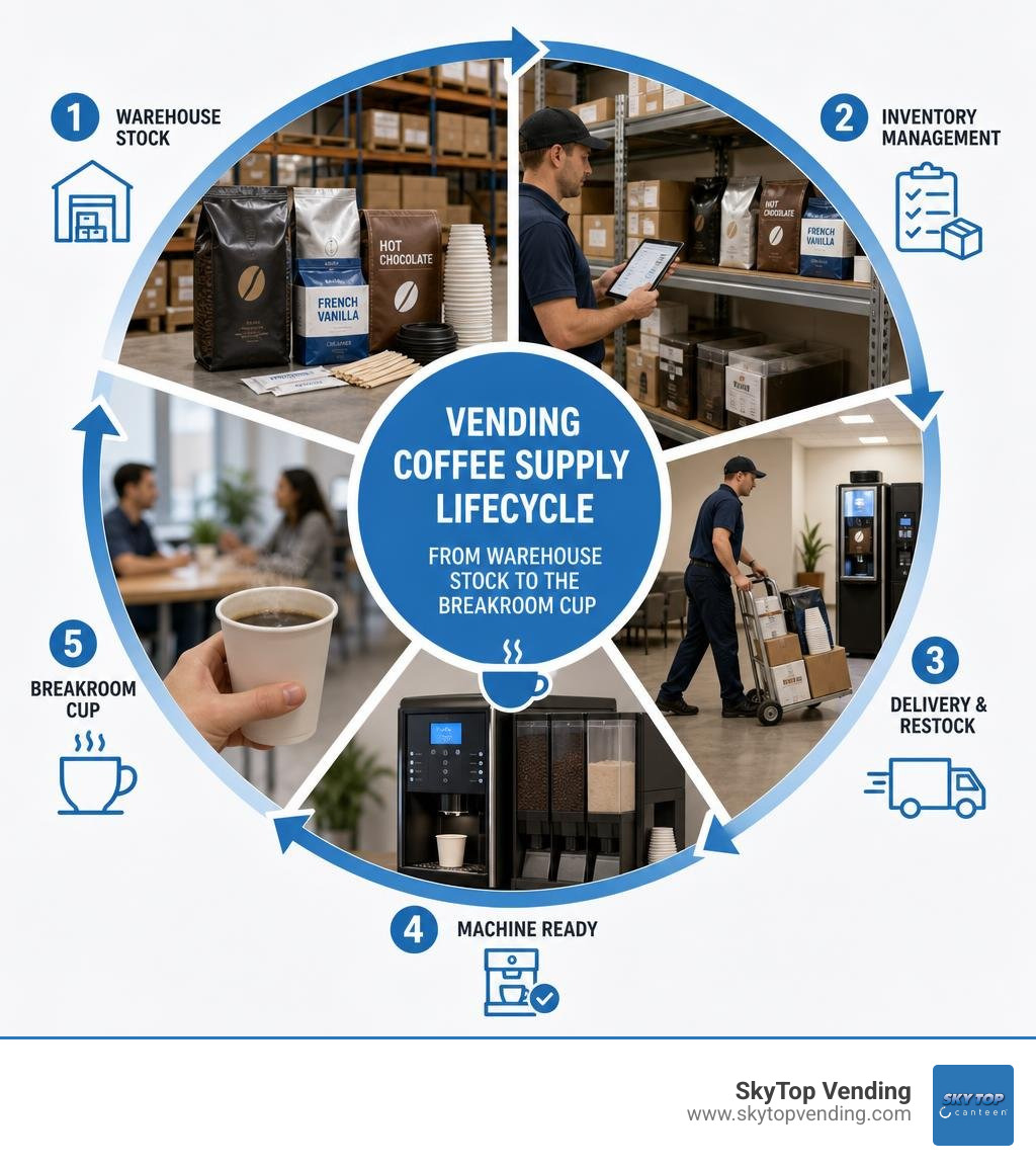 Vending coffee supply lifecycle from warehouse stock to the breakroom cup infographic Vending coffee supply lifecycle from warehouse stock to the breakroom cup infographic