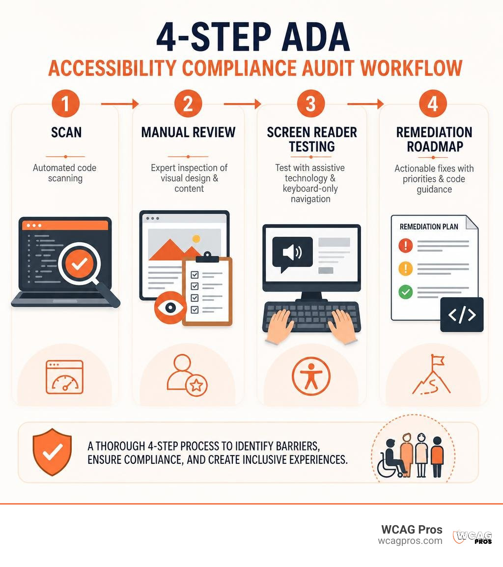 4-step ADA accessibility compliance audit workflow showing scan manual review screen reader testing and remediation 4-step ADA accessibility compliance audit workflow showing scan manual review screen reader testing and remediation