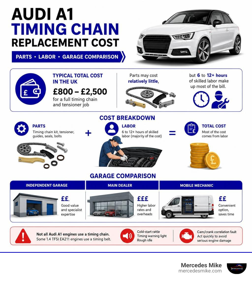 Audi A1 timing chain replacement cost parts labor and garage comparison infographic