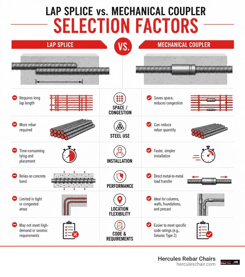 Infographic comparing lap splice and mechanical coupler selection factors infographic Infographic comparing lap splice and mechanical coupler selection factors infographic