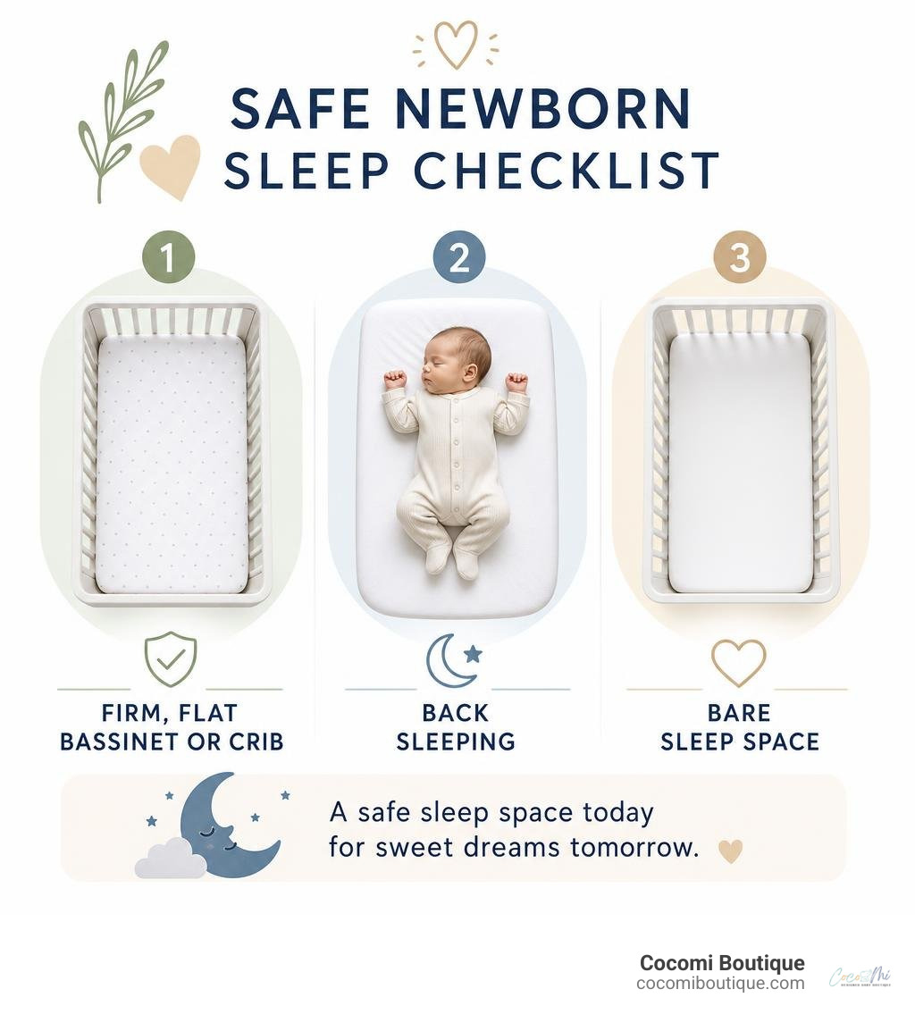 Safe newborn sleep checklist: firm flat bassinet or crib, back sleeping, bare sleep space infographic