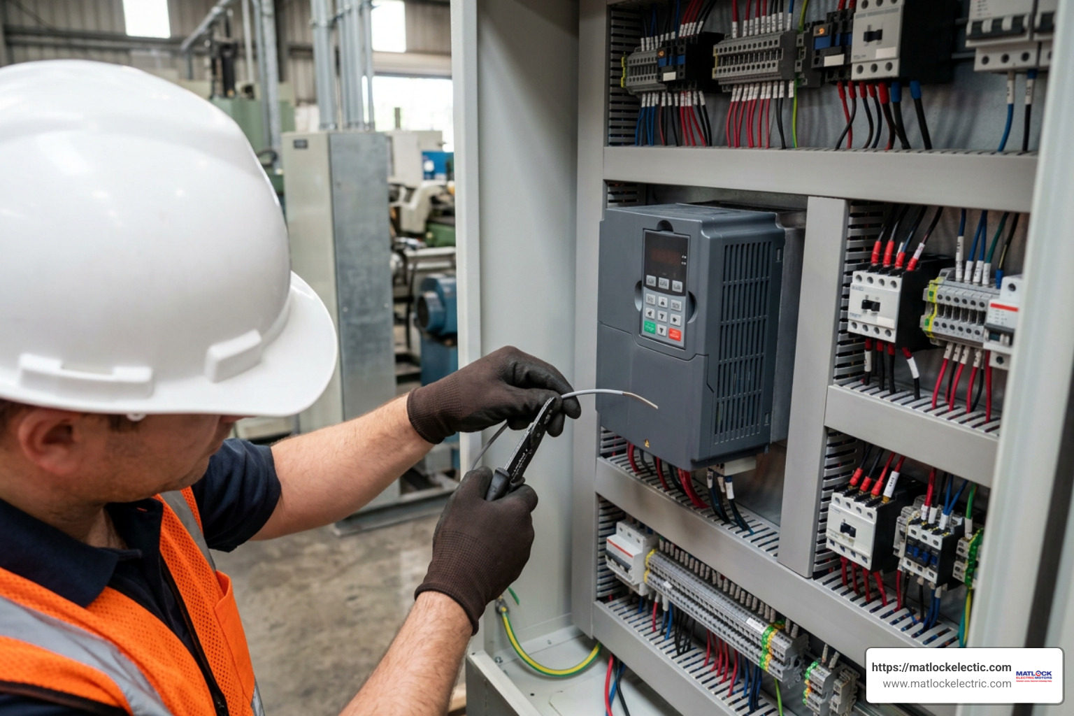 Industrial electrical technician wiring a severe-duty motor control cabinet with a VFD drive Industrial electrical technician wiring a severe-duty motor control cabinet with a VFD drive