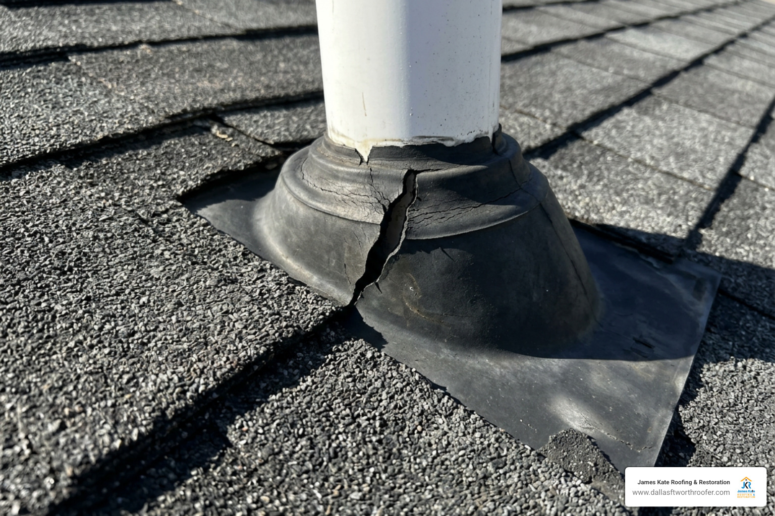 cracked rubber plumbing vent boot on residential shingle roof cracked rubber plumbing vent boot on residential shingle roof